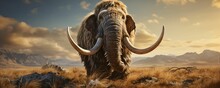 A Woolly Mammoth With Vast Pastures And Mountains Background