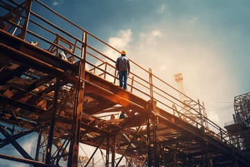Aufkleber - Generative AI : Engineer technician watching team of workers on high steel platform,Engineer technician Looking Up and Analyzing an Unfinished Construction Project.