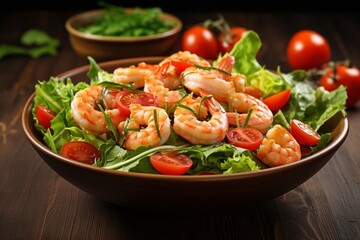 Wall Mural - Generative AI : Fresh salad plate with shrimp, tomato and mixed greens (arugula, mesclun, mache) on wooden background close up. Healthy food. Clean eating.