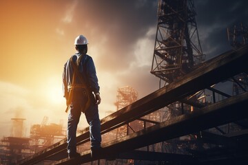 Aufkleber - Generative AI : Engineer technician watching team of workers on high steel platform,Engineer technician Looking Up and Analyzing an Unfinished Construction Project.