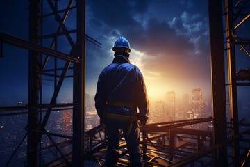 Aufkleber - Generative AI : Engineer technician watching team of workers on high steel platform,Engineer technician Looking Up and Analyzing an Unfinished Construction Project.
