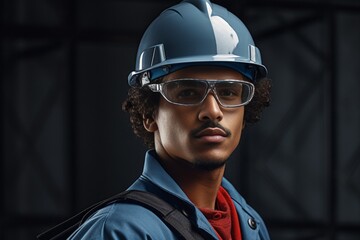 Poster - Generative AI : Close-up portrait of young construction worker engineer wearing safety equipment; blue hard hat and transparent goggles on background of grey wall.