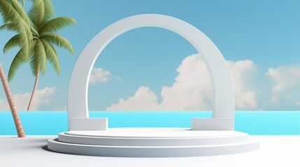 Wall Mural - Generative AI : podium with copy space for product display presentation on beach with blue sky and white clouds abstract background. Tropical summer and vacation concept. Graphic rendering illustratio