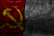 Communist Flag With Natural Stone Texture With Black And White Negative Space, Cracked Stone Texture
