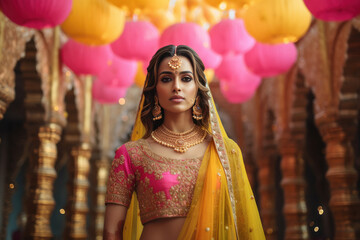 Wall Mural - Indian bride in traditional wear and jewelery standing at temple