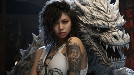 Sticker - A striking statue of a woman with intricate tattoos and a powerful dragon winding around her form stands as a testament to the beauty of artistic expression