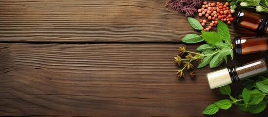 Canvas Print - Top view of bottles and pills made from healing herbs on wooden background promoting homeopathy