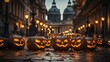 On a chilly halloween night, a building was illuminated by the glowing lanterns of a group of intricately carved pumpkins, symbolizing the vibrant spirit of trick-or-treating