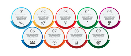 Business Infographic Design Template. minimal Timeline design with 9 steps, options and marketing icons. Vector linear infographic with nine circle connected elements. Can be used for your presentatio