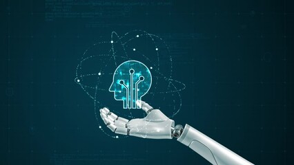 Motion graphic of Robot arm and Blue digital robot head with particle ring circle orbit rotation on futuristic abstract background AI artificial intelligence technology and machine learning concepts