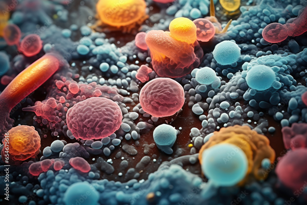 Microorganisms Secret Colorful variety of microorganism inside petri dish plate background in ...