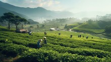 A Villagers Picking Tea Leaves, Tea Plantations On Northern Hills, Natural Farming Background In Asia.