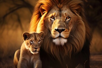 Wall Mural - This proud male african lion is cuddled by his cub during an affectionate moment. Digital art, Generative AI 