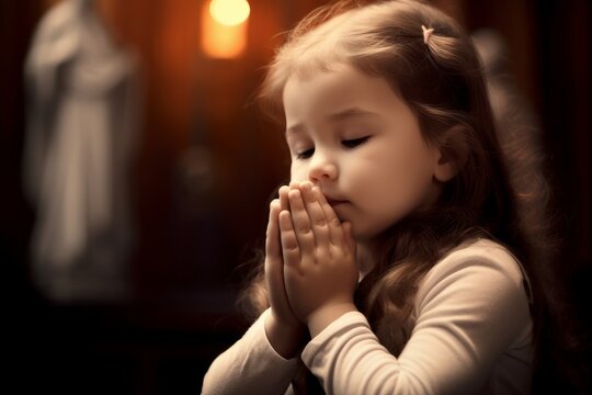 little girl praying to god in church. faith in religion and belief in god. power of hope or love and