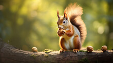 Cute Squirrel Eating A Nut In The Forest