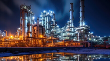 Wall Mural - Industry pipeline transport petrochemical, gas and oil processing. The power industry factory at night. Generative Ai