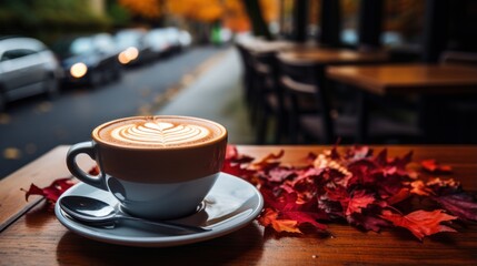 Wall Mural - Cup of coffee on cafe table street view with fall autumn leaves