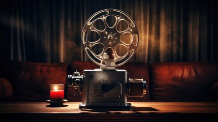 Movie projector with blank film reel on table