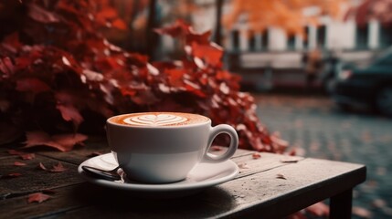 Sticker - Cup of coffee on cafe table street view with fall autumn leaves