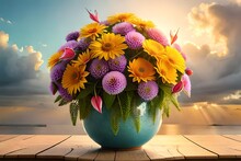 A Vitamin Bouquet, With Flowers Butterflies, Hearts, Love And Colorful Birds