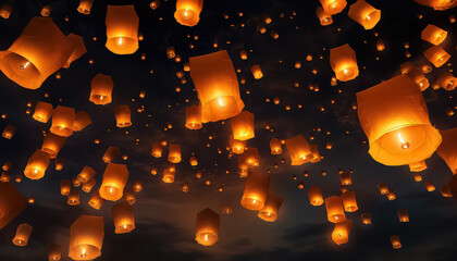 Flying lanterns in the sky during the Diwali festival in India