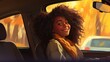 A young, curly-haired, dark-skinned girl is happily riding in a car. The student travels by car.