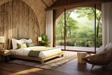 Cozy bedroom in an eco hotel in tropical style with bed, large windows, bamboo walls, view of forest. 