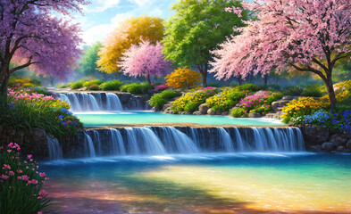  A beautiful paradise land full of flowers,  sakura trees, rivers and waterfalls, a blooming and magical idyllic Eden garden