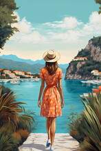 Back View Of Woman Standing Looking Out At Holiday Seaside Town And Cliffs Over Water, In Vintage Painting Postcard Style