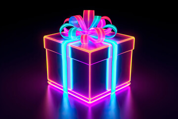 Glowing gift box in neon style on a black background.