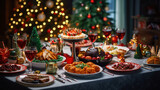 Fototapeta  - Christmas Dinner table full of dishes with food and snacks, New Year's decor with a Christmas tree on the background
