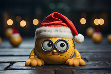 Cute, Yellow Emoji In Santa Claus Hat.