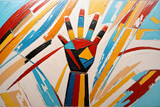 Fototapeta Big Ben - Abstract oil painting geometric shapes design of a colorful Arms raised up with fist hand. revolution, social issues, riots, strength and success concept. 