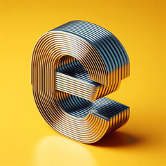 Wall Mural - 3D typography of the letter E on a yellow background. Chrome shiny texture, ridges, minimal