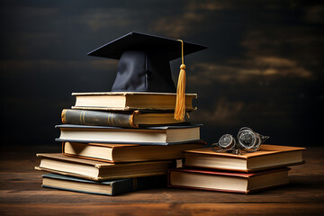 book and graduation cap. the concept of teaching and acquiring knowledge in courses, studies. advanced training, graduation, completion of training.