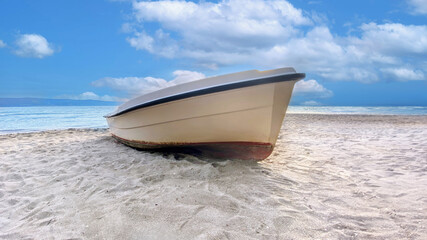 Wall Mural - Tropical sea landscape with an old boat on the white beach on warm sunny day