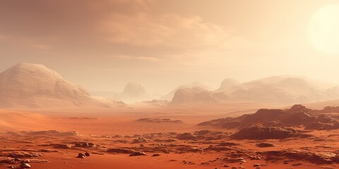 AI Generated. AI Generative. Nature outdoor martian planet surface landscape background. Red galaxy planet travel exploration. Future adventures galaxy space tour inspiration desert walk