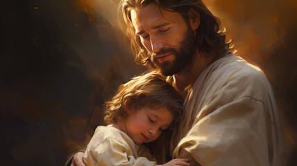 Canvas Print - Jesus Christ holding a small child in his arms