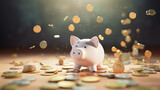 Fototapeta  - Coins falling to white piggy saving, Financial and money deposit concept