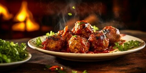 Wall Mural - Delicious Meatballs with Sauce Served on a Plate