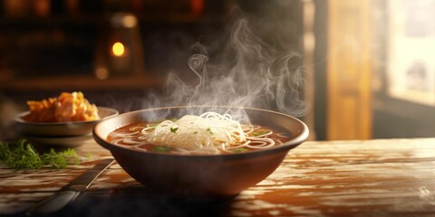 Wall Mural - A Bowl of Hot Noodle Soup on Wooden Table