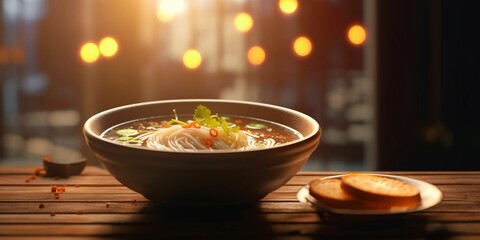 Wall Mural - A Bowl of Hot Noodle Soup on Wooden Table