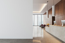 Luxury Hotel Interior Lobby With Reception Desk And Waiting Space. Mock Up Wall