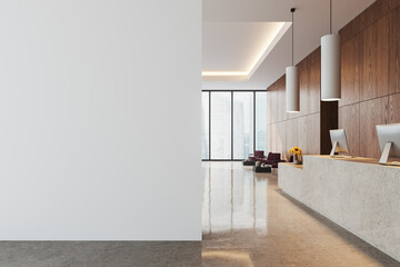 Luxury hotel interior lobby with reception desk and waiting space. Mock up wall