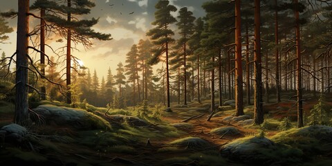 Wall Mural - AI Generated. AI Generative. Pine forest outdoor nature landscape background. Forest adventures wild bushcraft inspiration