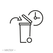 Icon Of Time To Dispose Of The Spoiled Product, The Expiration Date Has Expired, Trash Can And Clock, Container Bin For Trash, Thin Line Symbol - Editable Stroke Vector Illustration
