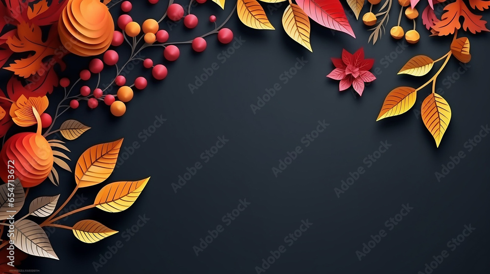 Frame template with autumn leaves and pine cones on dark background ...