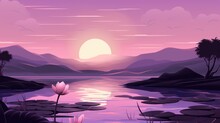 Pink Lotus Floating On Pond Landscape. Nature Blooming Lake Waterlily Flowers. Diwali Greeting Background Concept. Festival Of Lights Illustration For Banner Design, Interior Poster, Card..