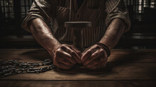 Hands Of Criminal With Handcuffs In The Court Room