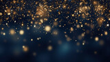 Fototapeta  - Abstract background with gold stars, particles and sparkling on navy blue. Christmas Golden light shine particles bokeh on navy blue background. 2024 New year background. Gold foil texture